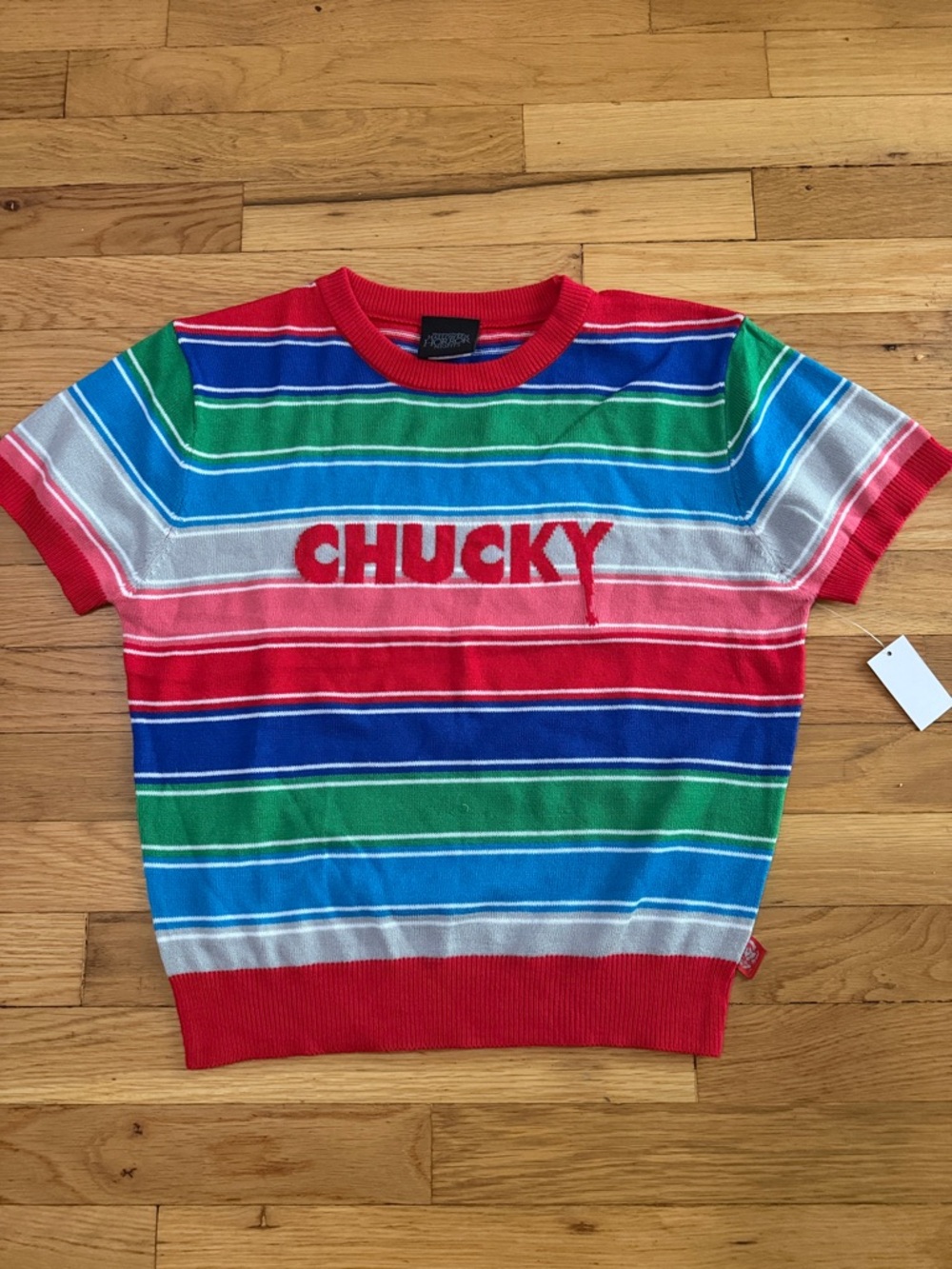 Universal Multicolor Striped Crew Neck Sweater with Red 'CHUCKY' Detail